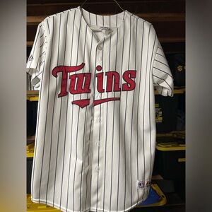 Vintage Majestic White Pinstripe Baseball Jersey with Navy & Red Logos